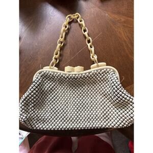 Vintage White Beaded Purse Lucite Handle 1960s